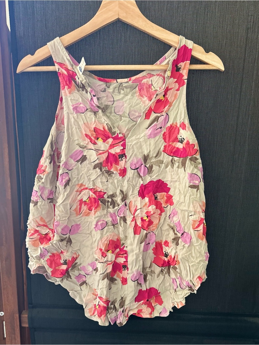 Old Navy Beige Tank Top with Pink & Red Floral Print